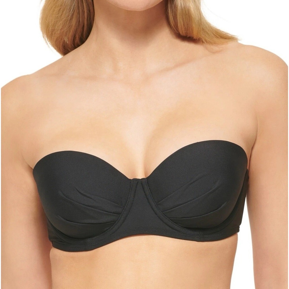Calvin Klein Women's Molded Underwire Swim Bikini Top & Pleated Bottom Black XL - Picture 2 of 11